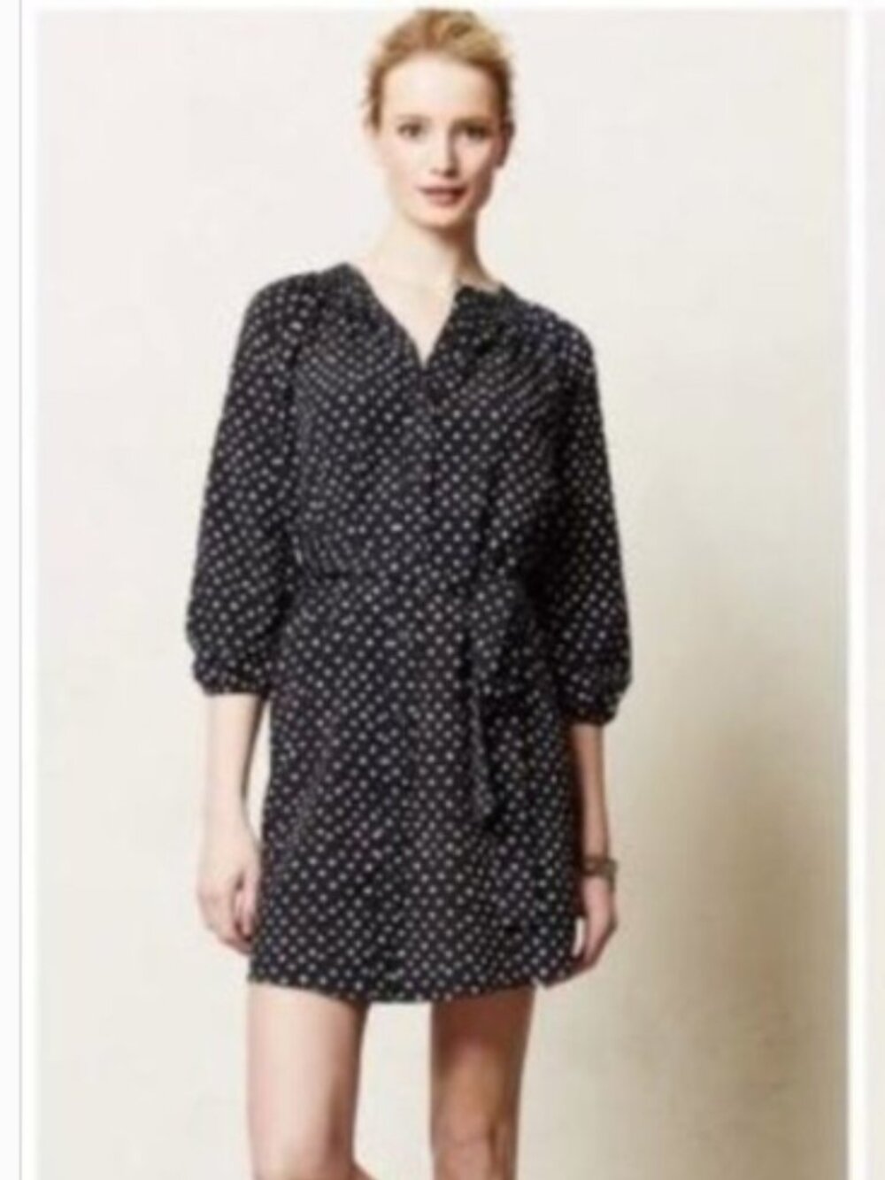 Anthropologie Maeve navy blue polka dot button up tie waist shirt dress S